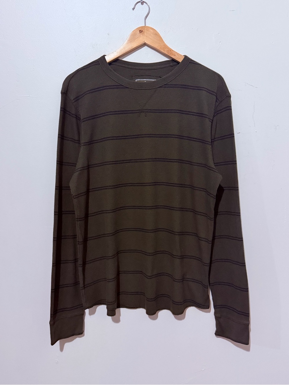 urban pipeline Olive Green Long Sleeve Waffle Knit Shirt with Black Stripes